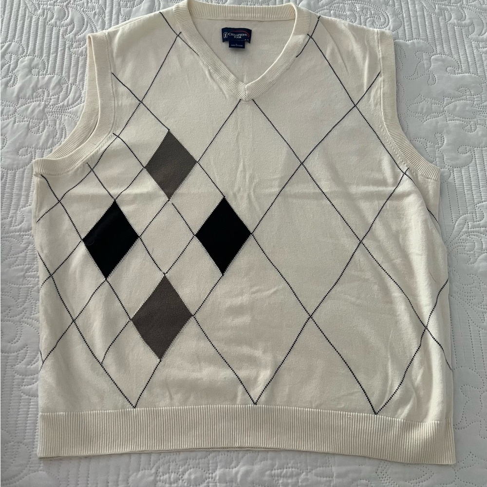 Argyle Sweater Vest in Cream and Black Champions Tour Size L 💯 Cotton - Picture 2 of 5
